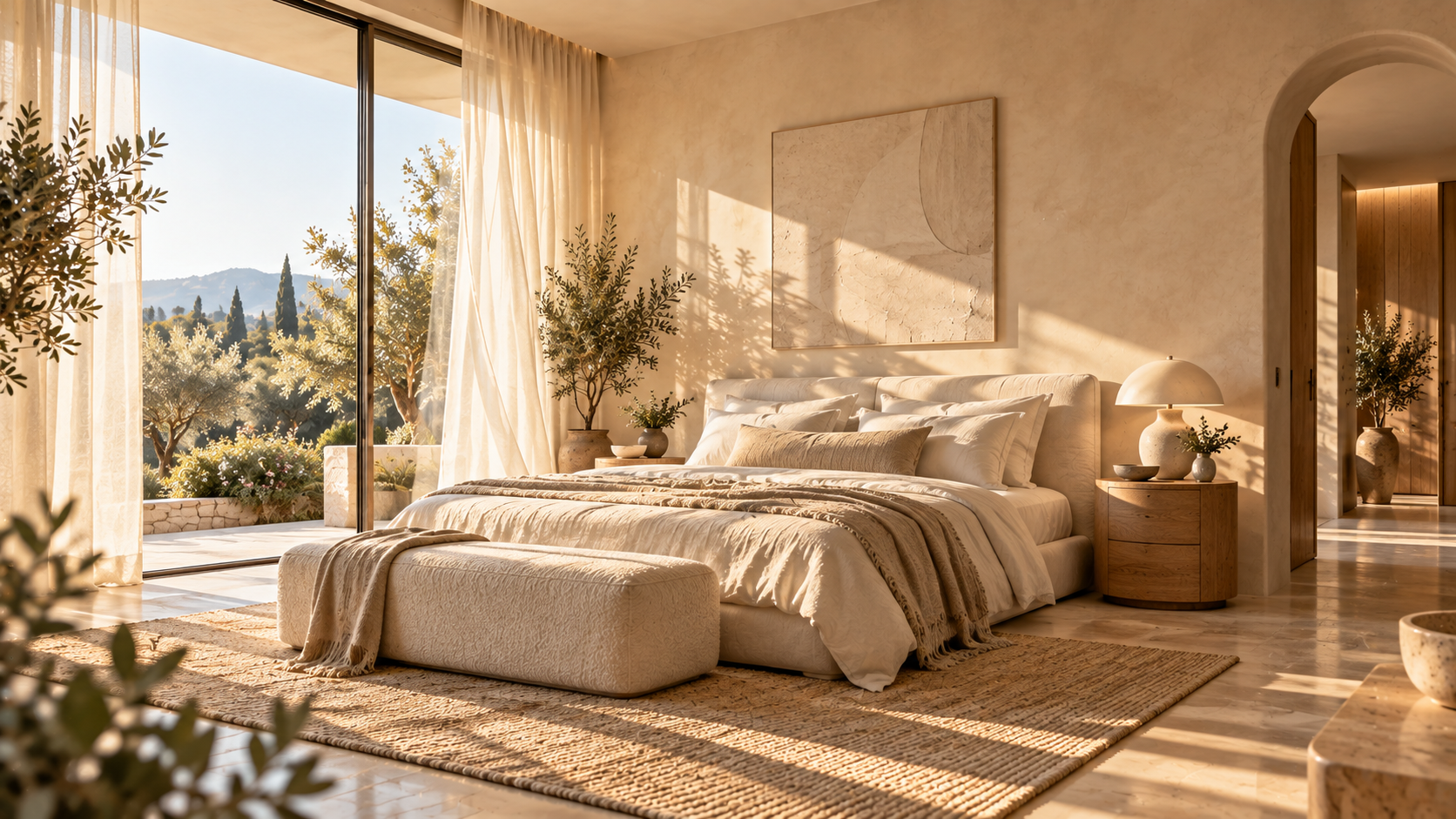 A calm retreat in warm plaster, oak and linen.