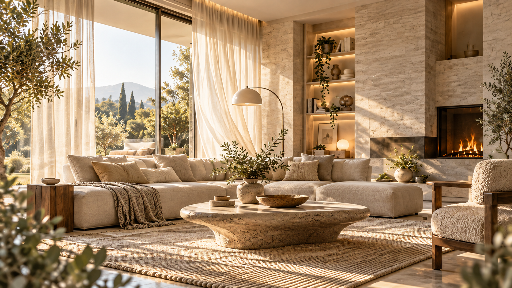 Sunlit living room with linen sofa, travertine table and stone fireplace